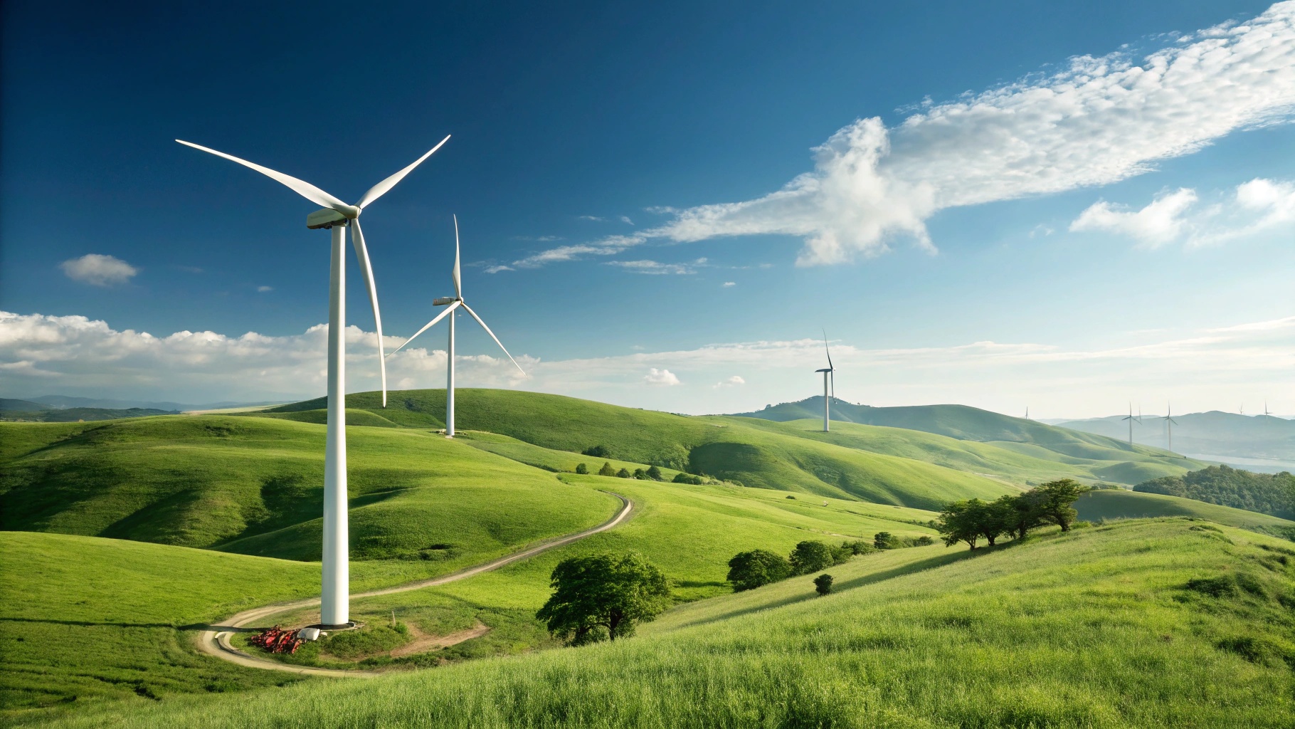 Wind turbines on green hills generating clean renewable energy